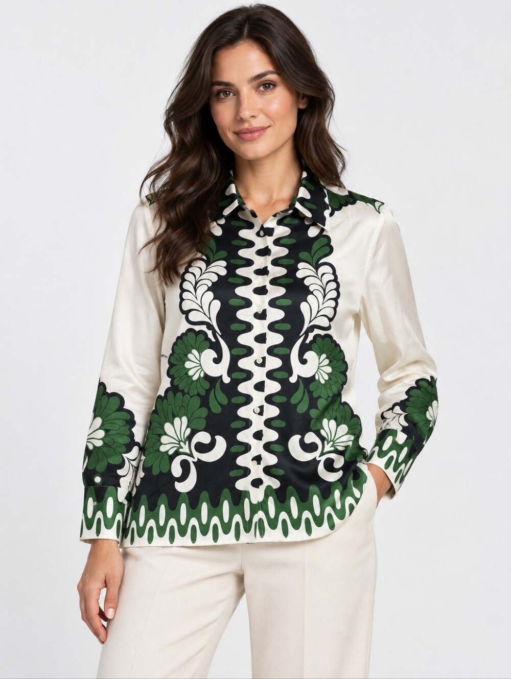 Button-Up Blouse in Green & Cream